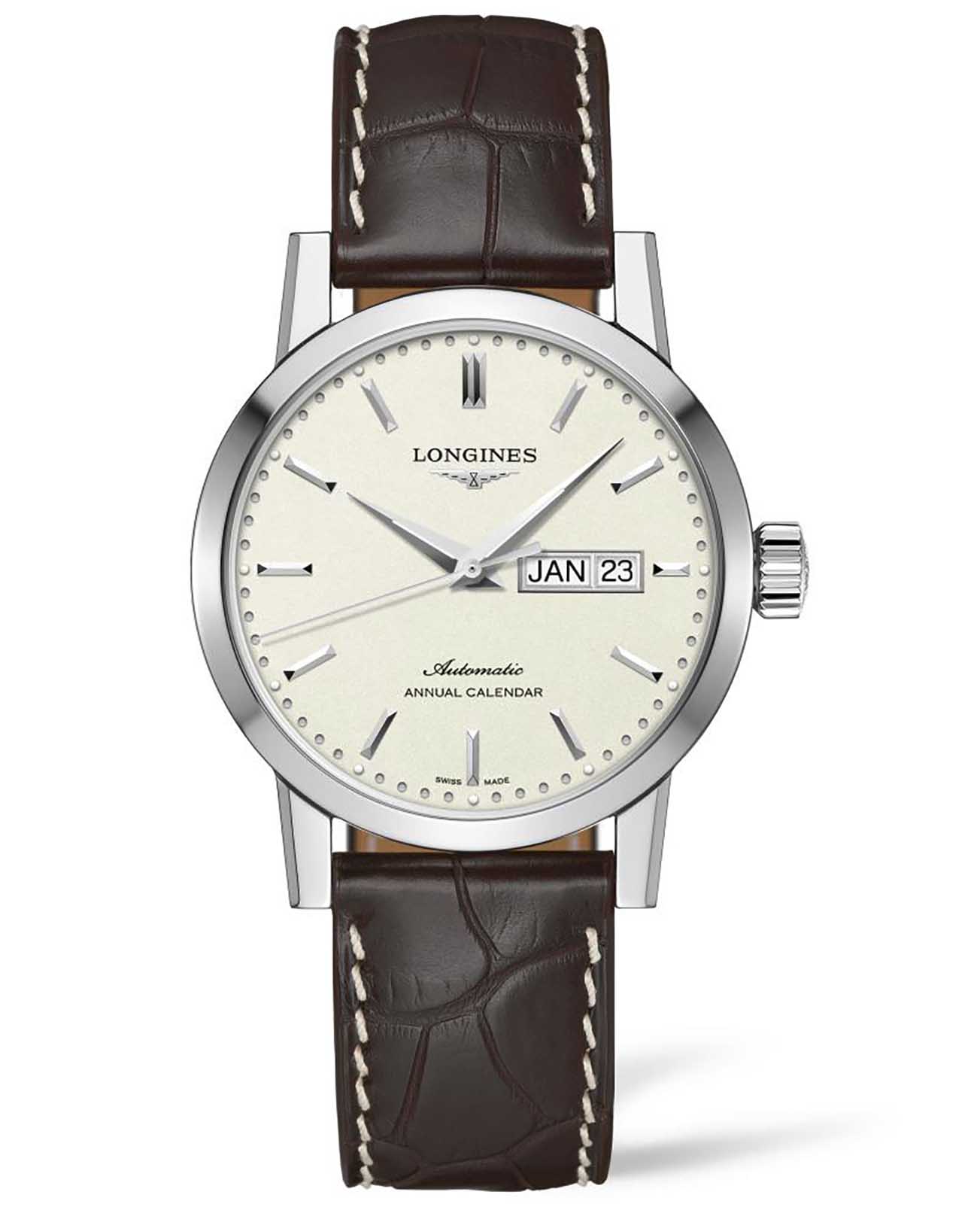 Longines Longines 1832 L4.827.4.92.2  L48274922 механические мужские часы белый циферблат, браслет кожаный — вид спереди